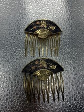 Vintage Set of 2 Cloisonn  Mulitcolor Enamel Fan Bird Flower Metal Hair Combs