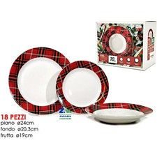 SERVIZIO 18 PZ PIATTI NATALIZI DECORO RED TARTAN BORDO SCOZZESE IN PORCELLANA