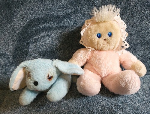 Two 1980s Baby Rattles, Blue Puppy, Pink Doll Plush Stuffed Toys