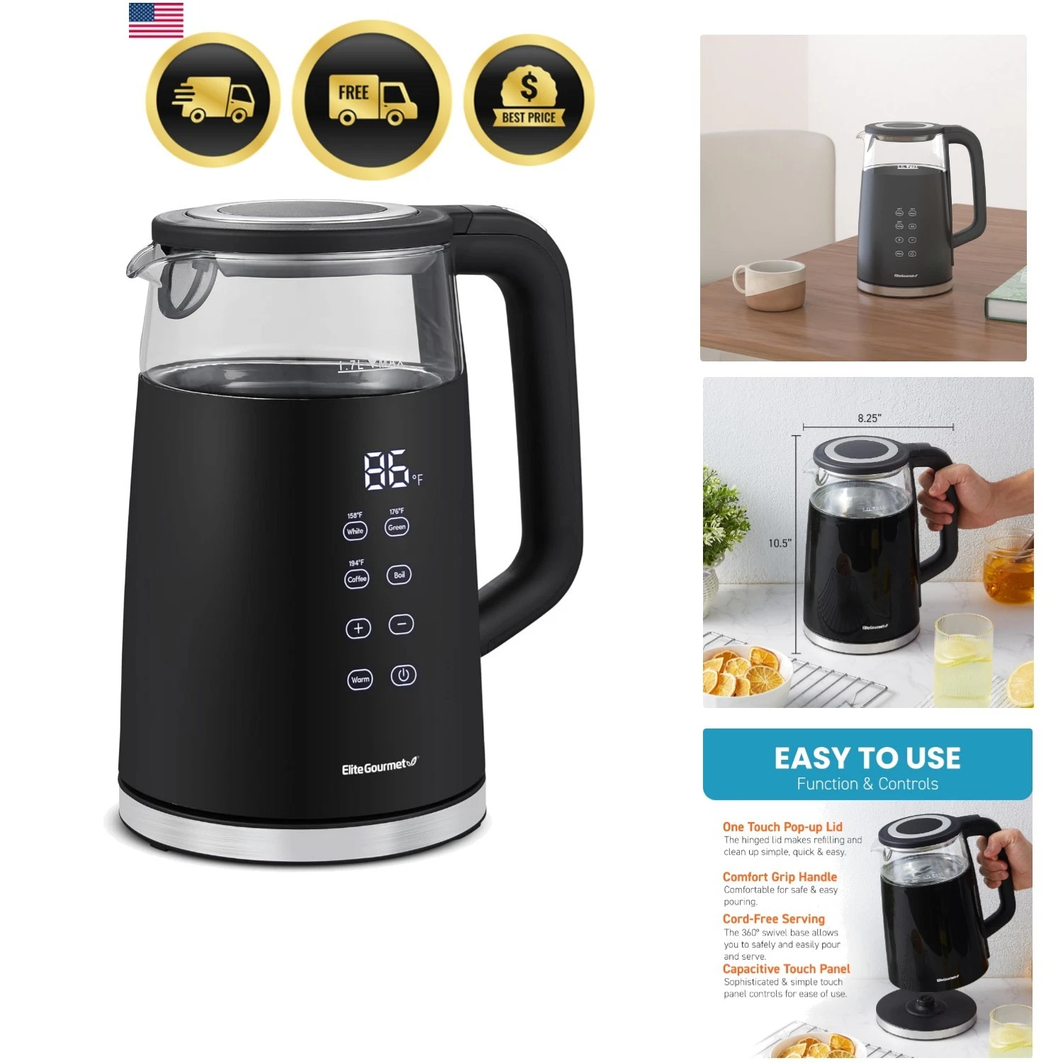 1.7L Dual Wall Cool Touch Electric Tea Kettle, Borosilicate Glass, 304 Stainl...