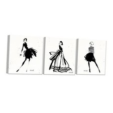 3 Pieces Girl in Black Dress Wall Art Canvas 12x16Inchx3Pcs Fashion Women