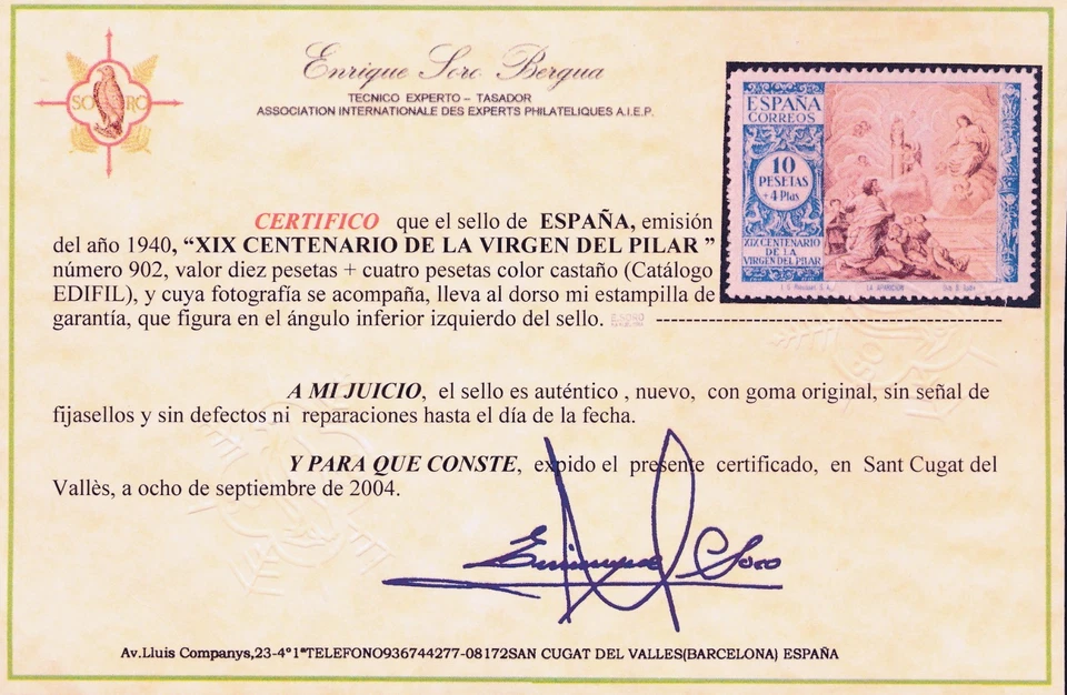 EDIFIL nº 902**- VIRGEN DEL PILAR - CON CERTIFICADO DE AUTENTICIDAD-MNH - Imagen 2 de 3