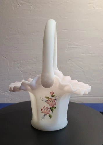 Fenton Rose Garden Basket White Opal Satin Signed Sue Jackson  Art Glass 7”