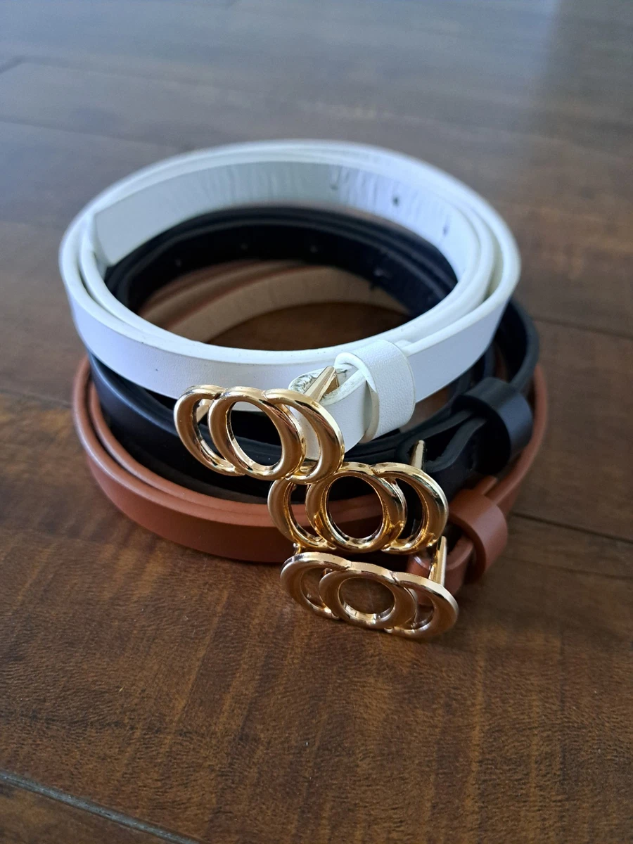 3 Pack Faux Leather Belts for Women with Gold/Silver Buckle Womans Belt 1980s. Gold Faux Leather, With 3 Strands of Gold  main image 3