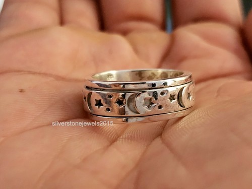 Moon and Star Spinner Ring – 925 Sterling Silver Yellow Gold for Women and Men - Picture 7 of 10