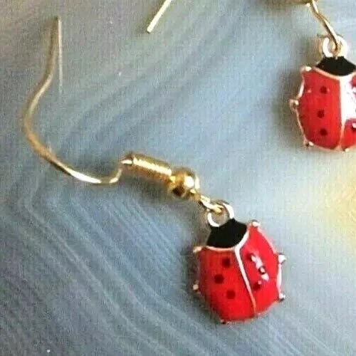 Ohrringe vergoldet Emaille Glückskäfer Glücksbringer 29mm romantisch anmutig süß - Bild 3 von 4