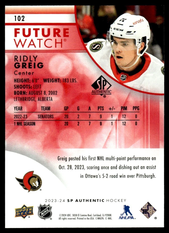 2023-24 SP Authentic Limited Red FUTURE WATCH Ridly Greig Ottawa Senators #102 - Image 2 of 2
