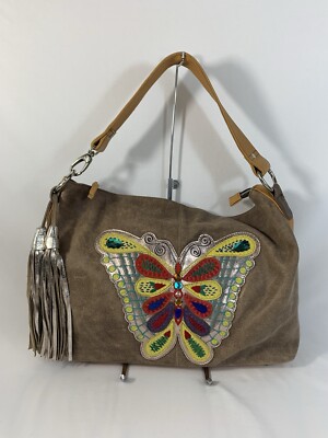 RARE Consuela Leather Embroidered Butterfly Large Handbag Tote Purse