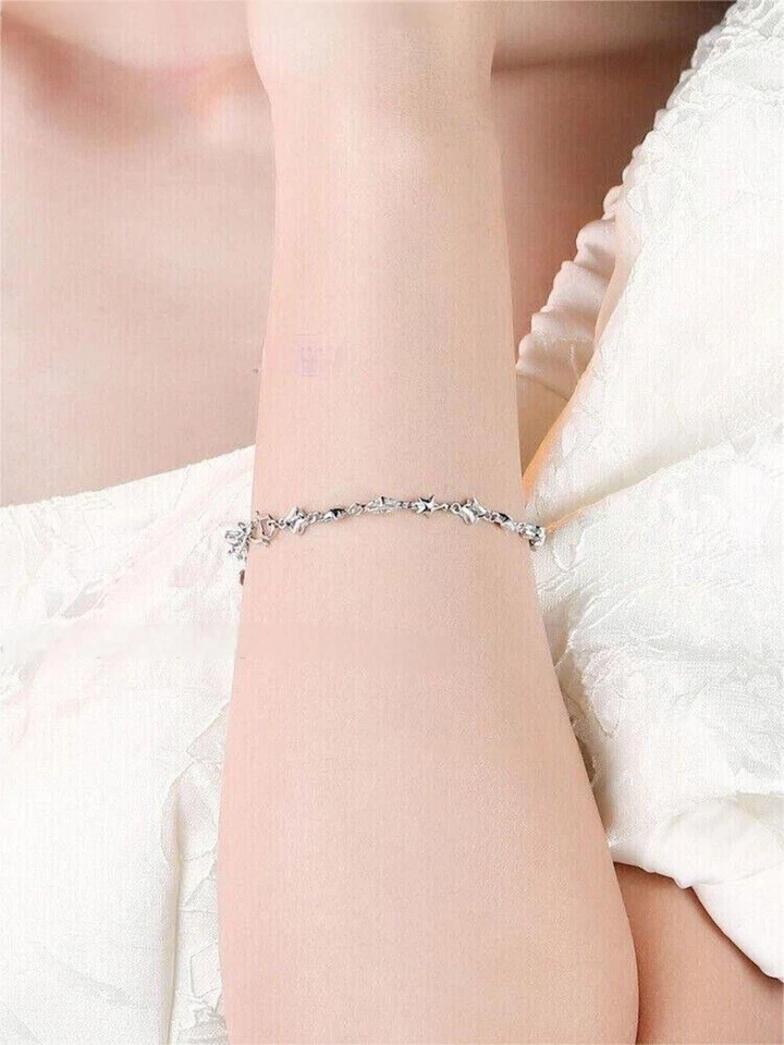 Fine Pt950 Real Platinum 950 For Women Small Five-star Link Bracelet 6.5-7.3inch - Image 4 of 4