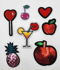FUN MIXED LOT OF 7 FRUIT EMBROIDERED PATCHES CHERRIES PINEAPPLE APPLES Sequined