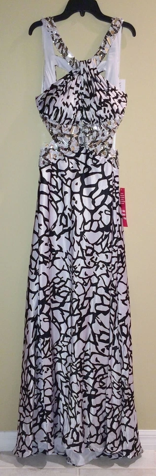 XSCAPE Vestido Halter Corte Negro Blanco Estampado Fiesta Piso Largo Baile de graduación Nuevo con Etiquetas Talla 10 Foto 2 de 4