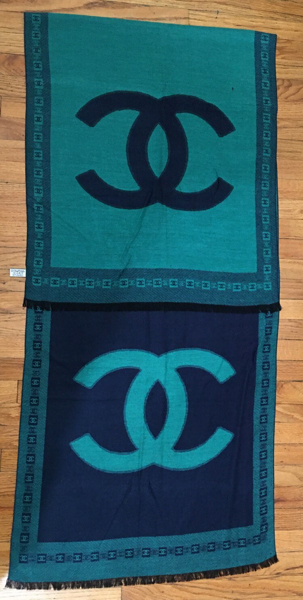 CHANEL 78x25 Wool Cashmere CC Scarf Shawl Blue Green , Made in