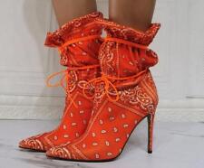 Womens Fashion Ethnic Style Pointy Toe Lace up Printed Ankle Boots High Heels 
