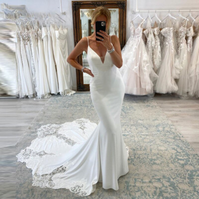 White/Iovry Mermaid Wedding Dresses V-Neck Straps Backless Lace Bridal Gowns  | eBay