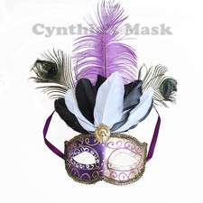 Purple/Gold Venetian Masquerade Mask w/Peacock Ostrich Feathers Party Halloween