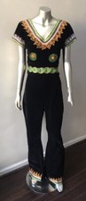 Velvet Embroidered Ric Rac Vintage Bell Bottom Black Velour Party Jumpsuit M