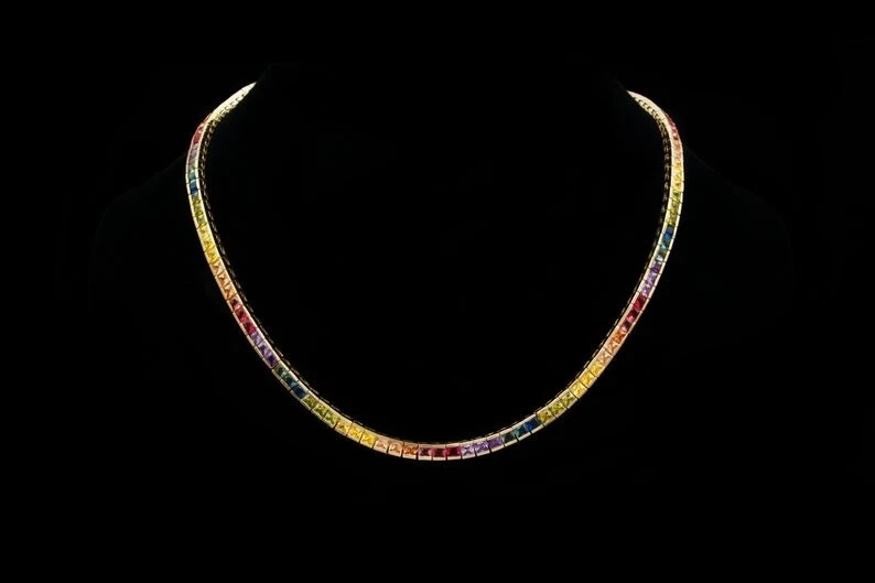 Collar tenis para mujer 30 quilates de zafiro arco iris princesa creado enchapado en oro de 14 quilates Foto 2 de 4