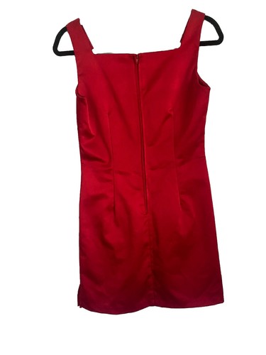 Vintage 90s Y2K All That Jazz Red Satin Dress Sz 7/8 Square Neck Cocktail - Picture 4 of 9