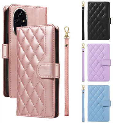 Strap Flip Grid Leather Wallet Phone Case for Honor 50 200 100 90 X50 X6B X8B