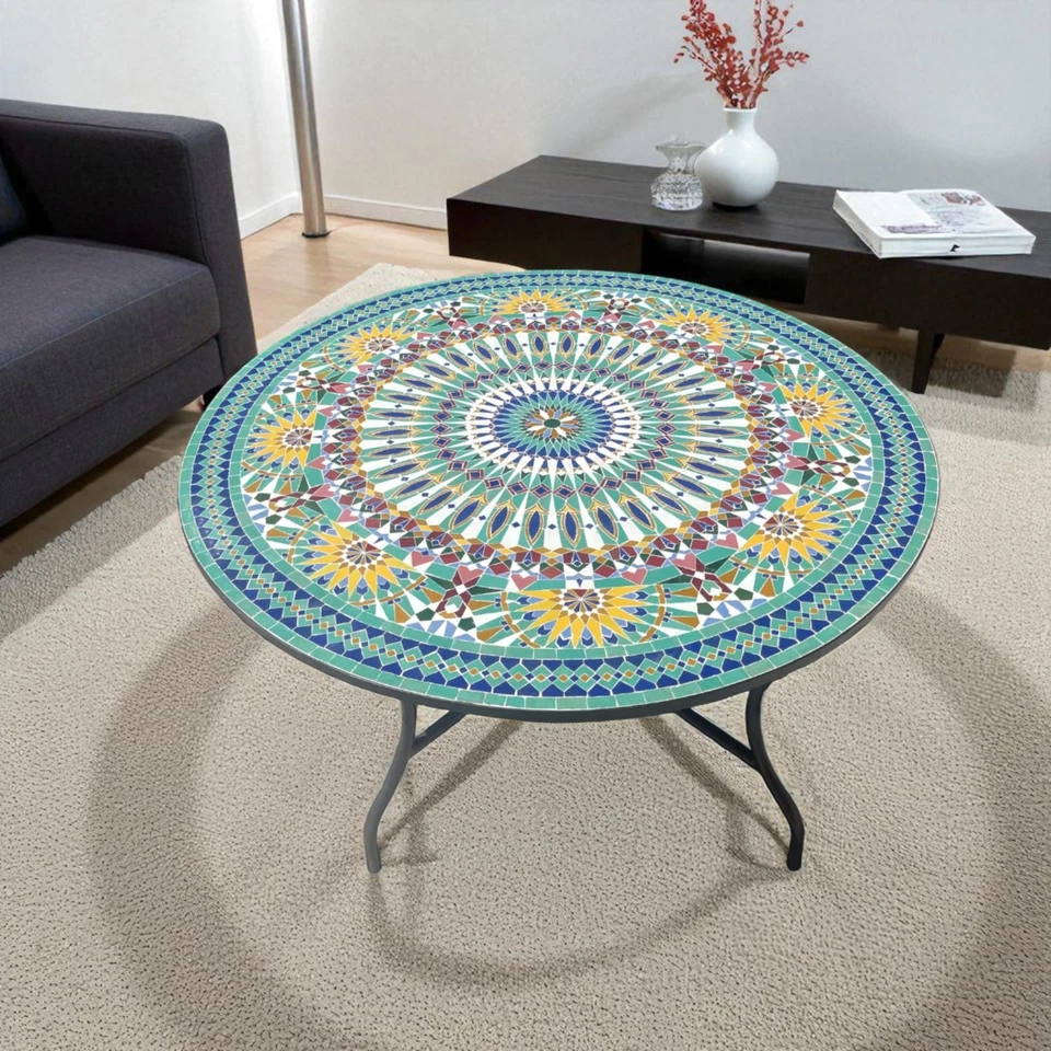 Zellij Round Patio & Garden Table, Outdoor Tile Dining Table Rustic Table Mosaic - Image 2 of 4