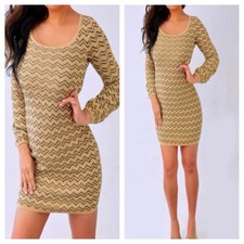 INC International Concepts Beige Khaki Black Gold Metallic Chevron Dress S Small