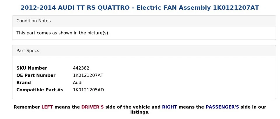AUDI TT RS QUATTRO 2012-2014 - Conjunto de ventilador eléctrico 1K0121207AT Foto 3 de 3