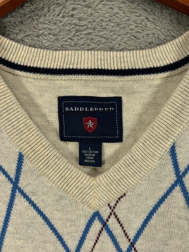 Saddlebred Sweater Vest Mens Large Beige Blue Argyle Knit Golf Vest V Nck Jumper - Picture 4 of 13