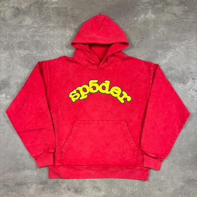 Sp5der OG Logo Red Hoodie Yellow Puff Logo Print