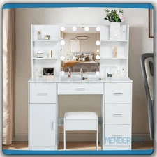NEW Makeup Vanity Table With Lighted Mirror And Stool 5 Drawer 6 Shelves Dresser