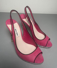 Women's Miu Miu Pink Suede Leather Slingback Crystal High Heels Size 36.5