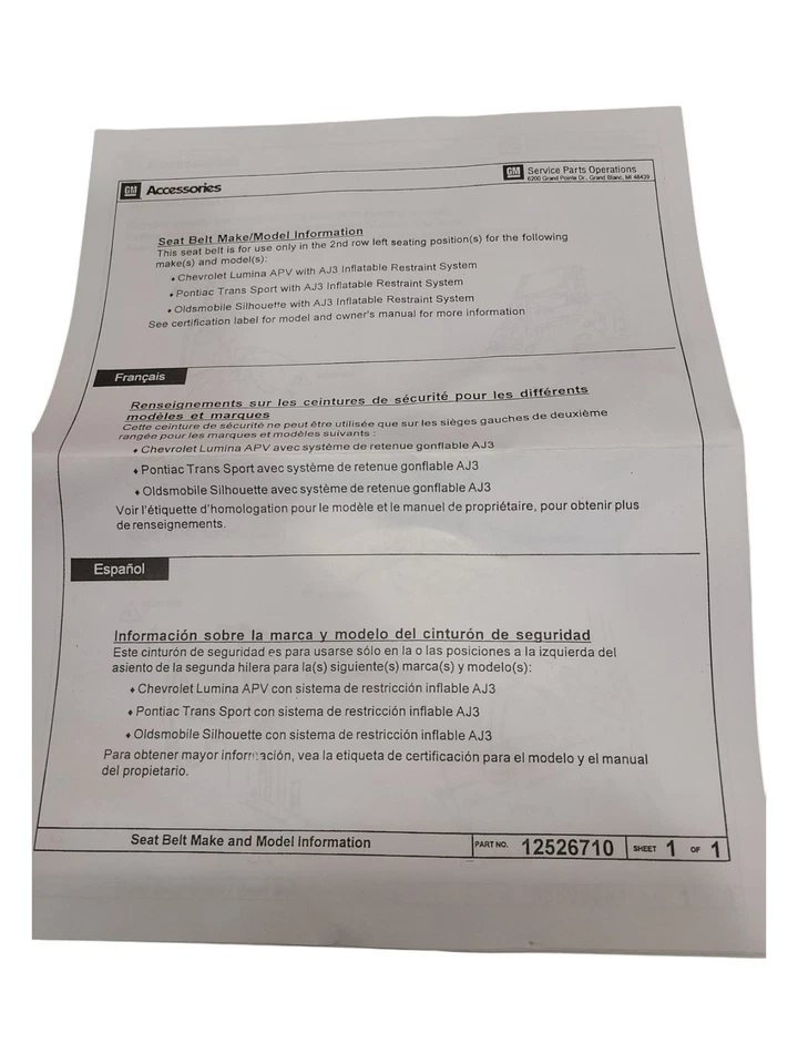 KIT DE CINTURÓN PARA CHEVROLET VENTURE 2002 R/ASIENTO TRASERO SI *G 88951234 - NUEVO OEM Foto 3 de 3
