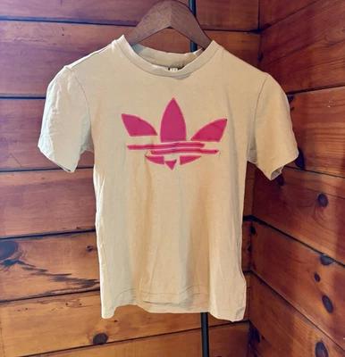 adidas Originals Girls XS Beige/Pink Trefoil Logo Crew Neck T-Shirt Short S - Image 1 of 4