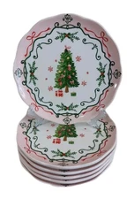 6 Potter's Studio Christmas Tree Plate Set Holiday Pink Trim Dessert,8.5", New
