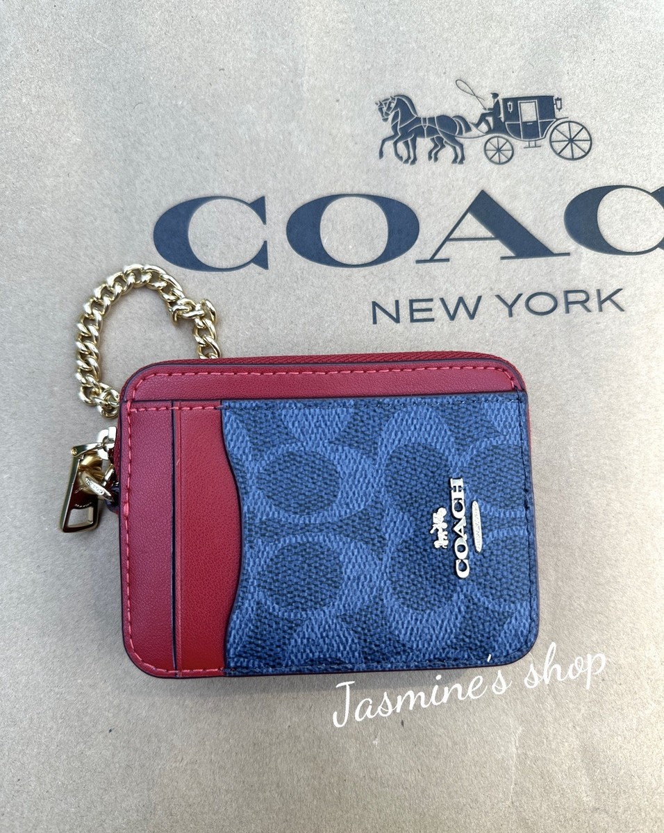 Coach Zip Card Case In Signature Canvas CW883 Denim/Bold Red