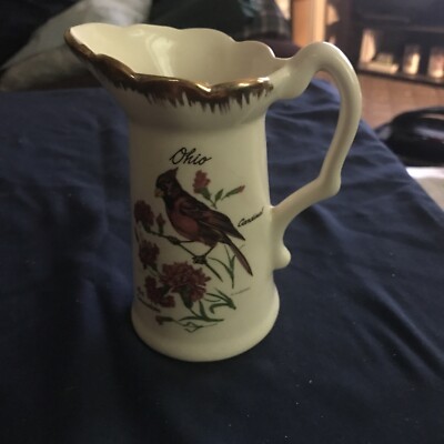 Carnation Collectible, Red Gold Trim Pitcher, Creamer 4.5'' Tall Ohio Cardinal