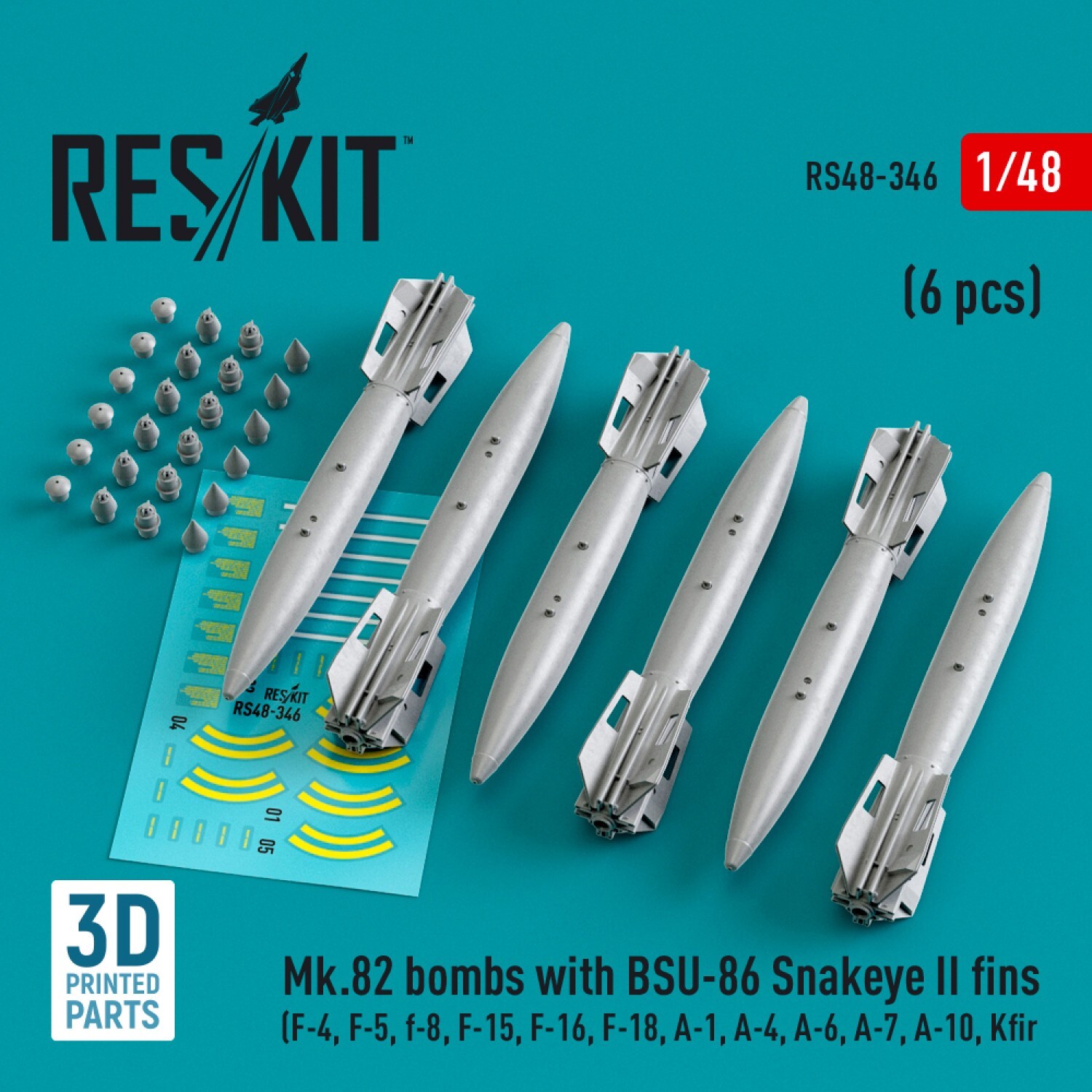1:48 ResKit RS48-0346 Mk.82 BSU-86 Snakeye II Bombs F-4 F-16 A-10 6pc 3D