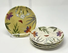 Nicobar Appetizer Tea Plates 5” Botanical Floral Yellow White Stoneware Set Of 4