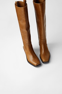 Zara Women Heeled Leather Square Toe Cowboy Boots Brown 2006/510