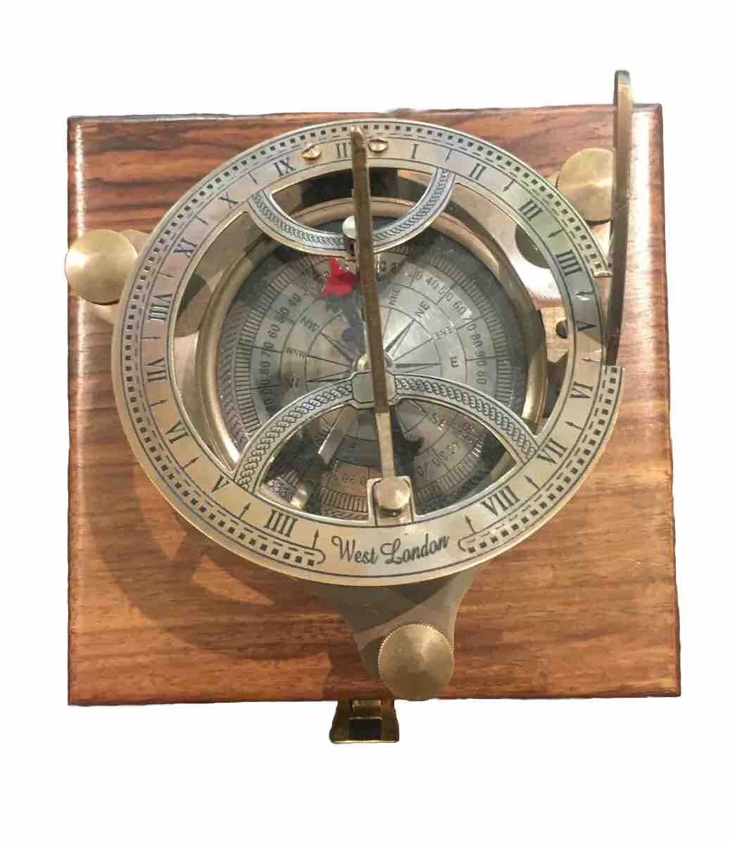 Solid Brass Large Sundial Compass With Wooden Box