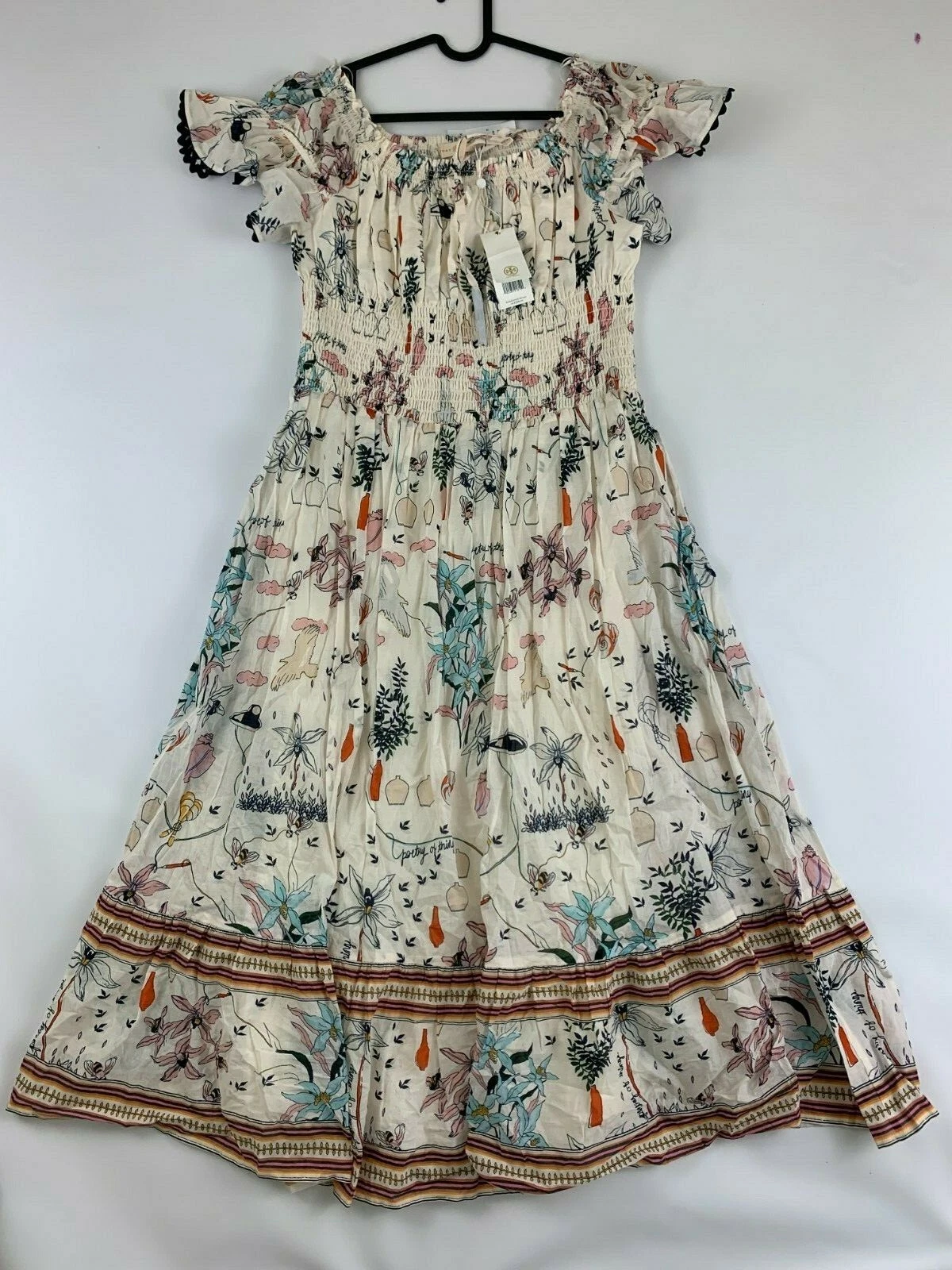 Abito midi floreale nuovo TORY BURCH Meadow Folly spalle scoperte taglia L