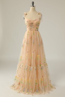 Long A-Line Prom Dress Embroidered Formal Evening Gown for Women