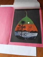 Foglia di Ficus Religiosa dipinta a mano - Tramonto sul fiume 