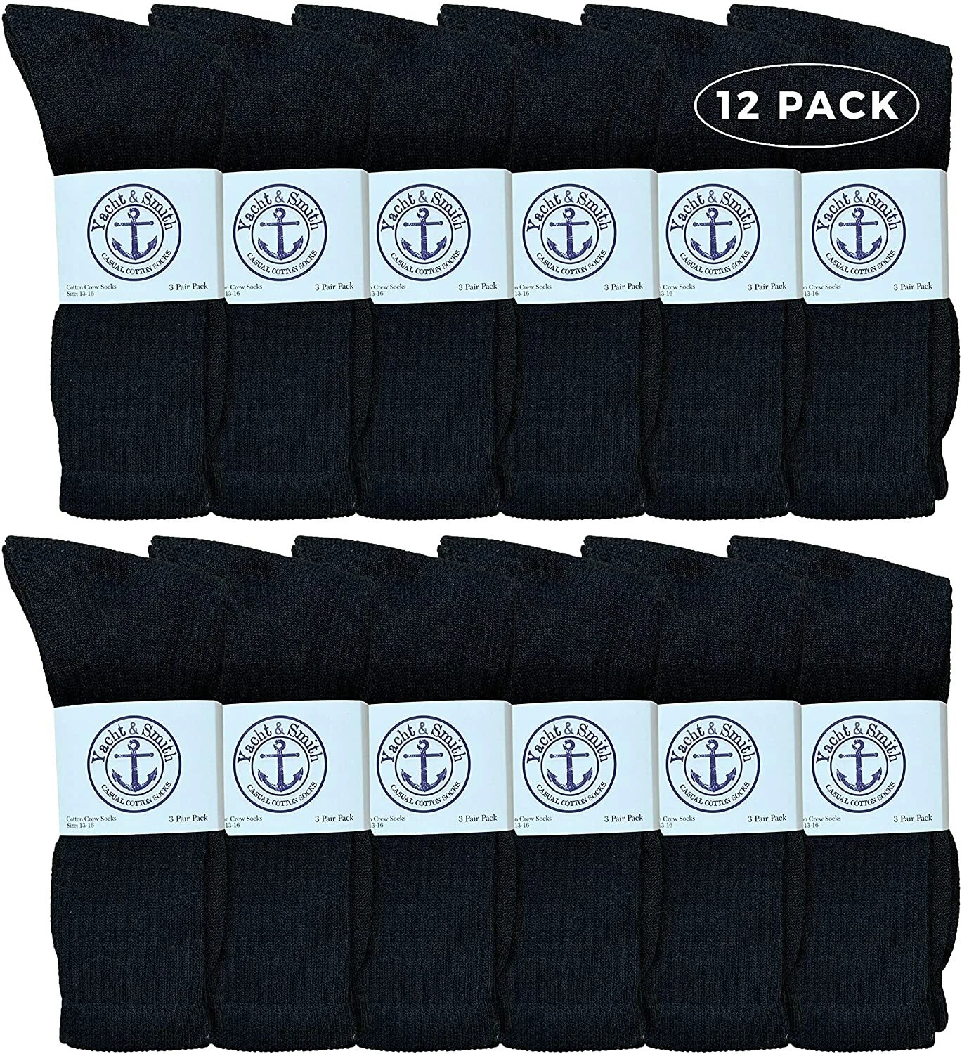 12 Pair Mens King Size Premium Cotton Crew Socks Black Size13-16 Mens Crew Socks