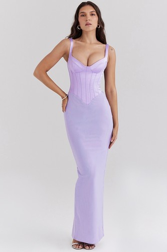 HOUSE OF CB 'Breeze' Orchid Satin Corset Maxi Dress M 10/12 3748