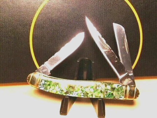 Vintage Pocket Knife Stockman Abalone Crush Green Handles 3-440A Blades, 3-1/2"