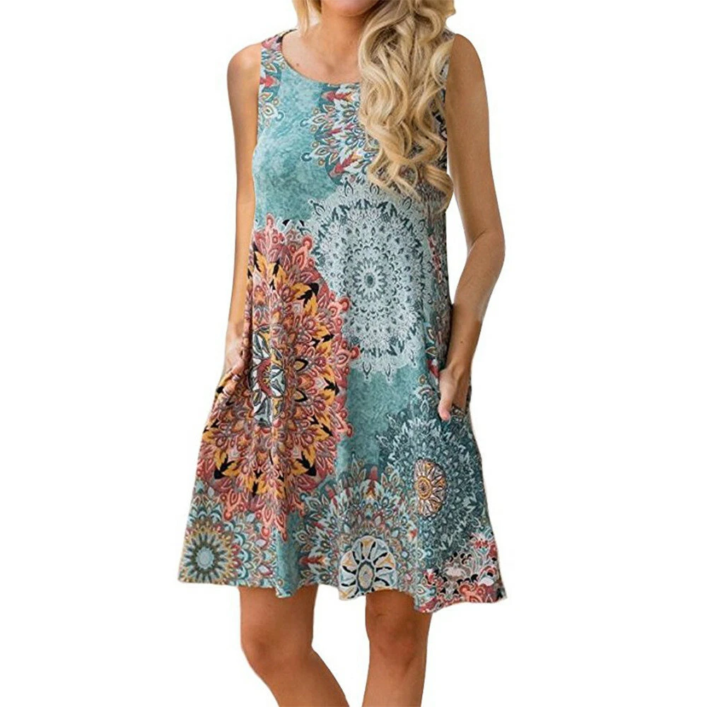 Summer Dress for Women Beach Floral Tshirt Sundress Sleeveless Pockets Casual