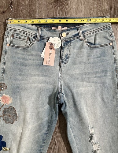 NWT Philosophy Jeans Women’s 8 Light Wash Blue Denim 30x30” Embroidered Floral - Afbeelding 14 van 24