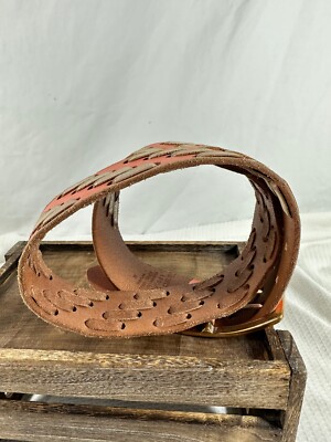 Vintage hand made pink LINEA PELLE leather thick stitch belt 