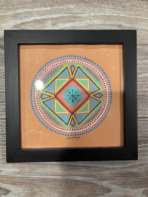 Framed Abstract Mandala Geometric Signed Acrylic Painting on Paper