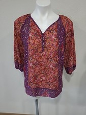 CHAPS Denim  Blouse Size XS Semi Sheer Purple Orange Paisley Boho Festival Flowy
